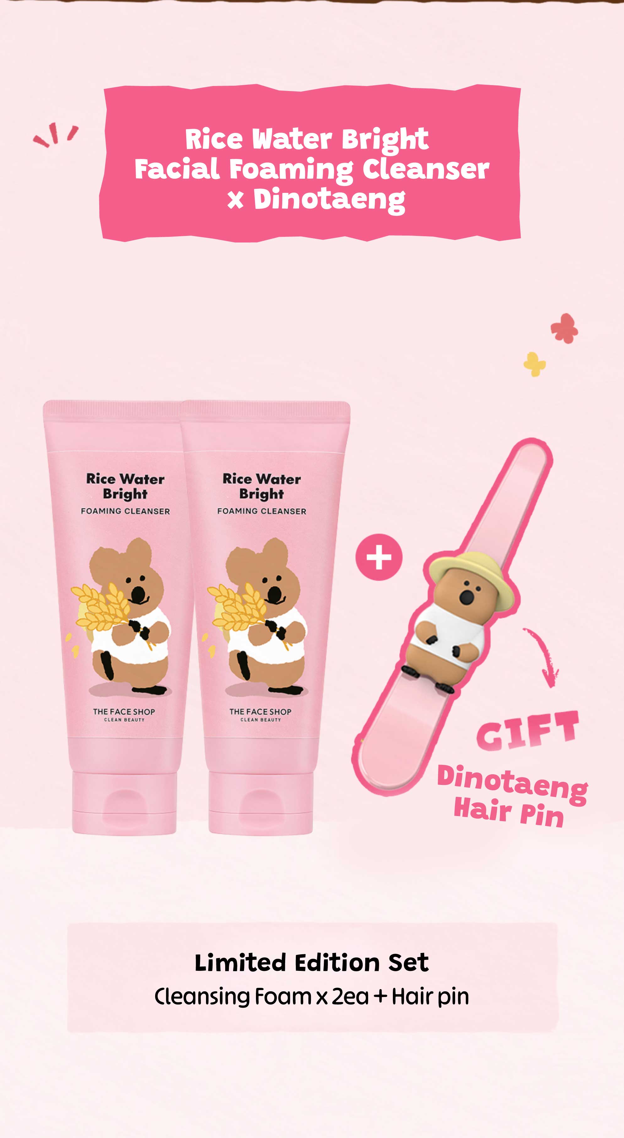[LIMITED EDITION] DINOTAENGX THEFACESHOP RICE WATER BRIGHT FOAMING 2ea +Hair Pin Gift